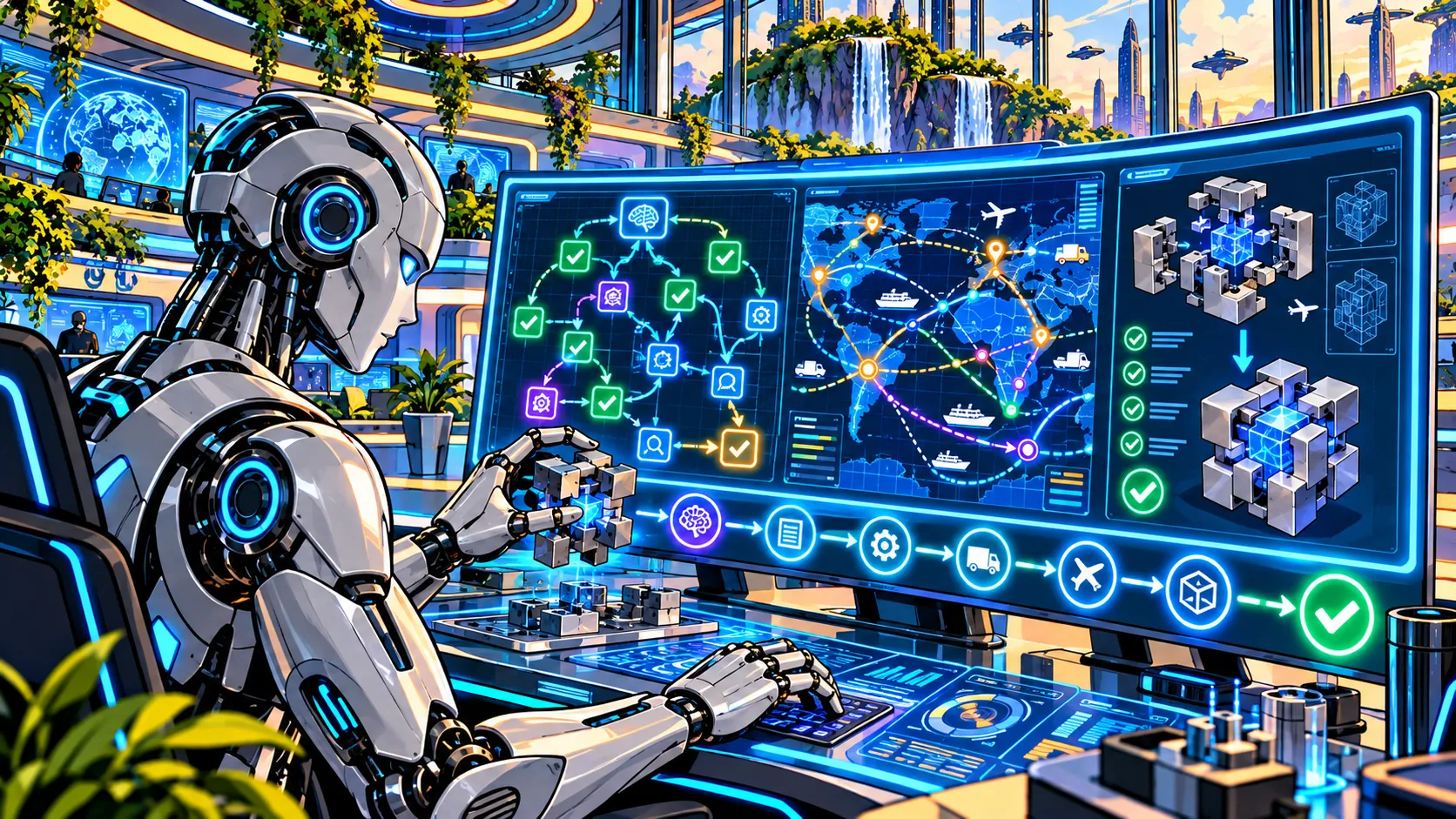 Robot řídí na velké obrazovce složitý proces rozdělený do mnoha kroků