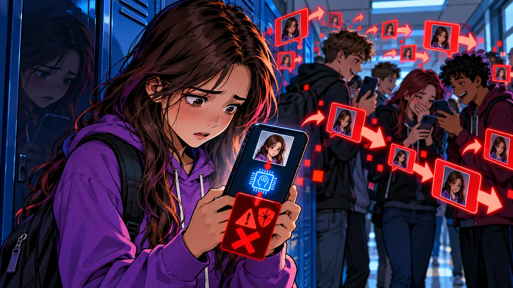 Zaskočená dívka u skříněk se dívá do mobilu na svou fotografii, kterou AI změnila ve varovný symbol, zatímco se její snímky v pozadí šíří od jednoho smějícího se spolužáka k dalšímu