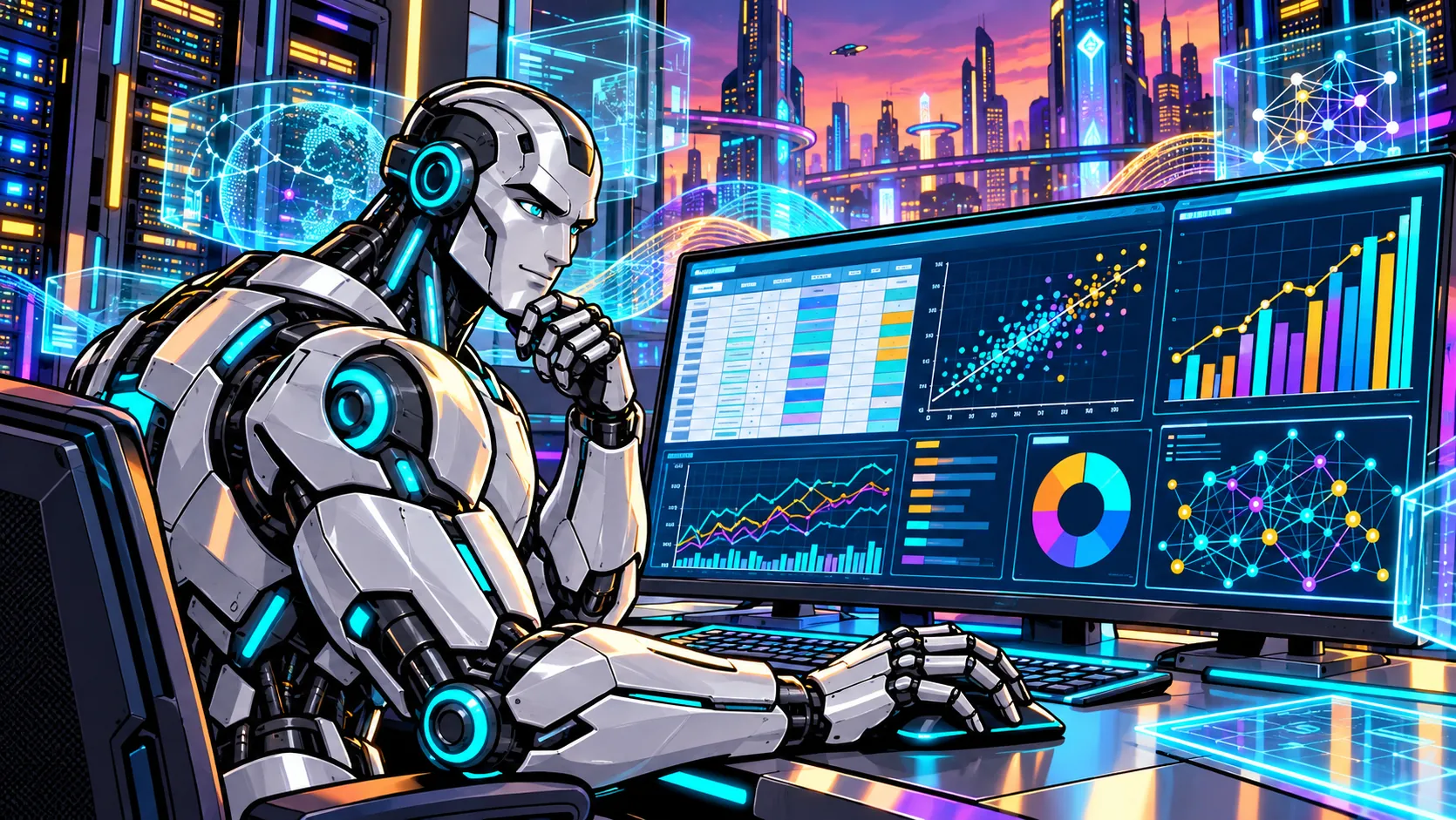 Robot analyzuje grafy a tabulky na velkém monitoru