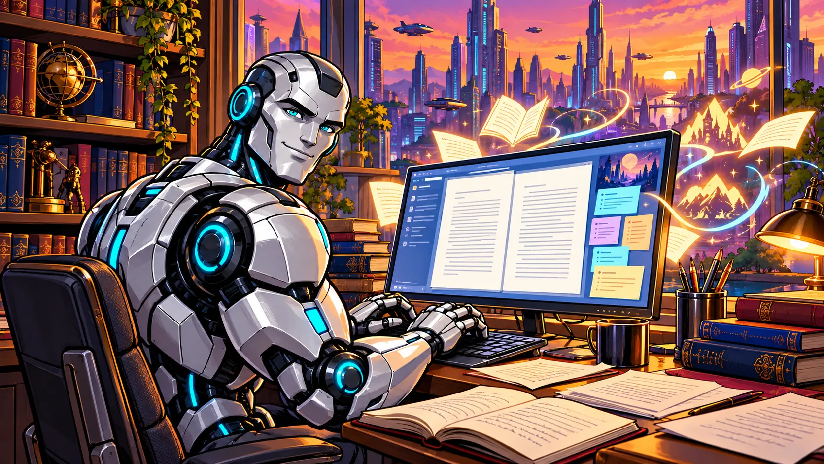 Robot píše text na počítači v knihovně