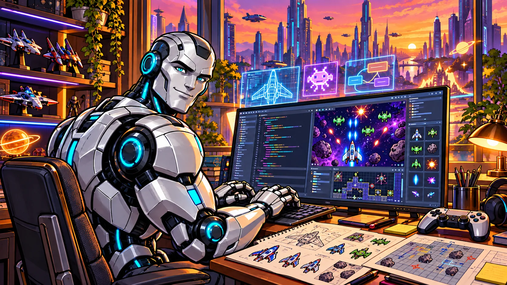 Robot u počítače programuje vesmírnou hru, na monitoru je kód a herní scéna