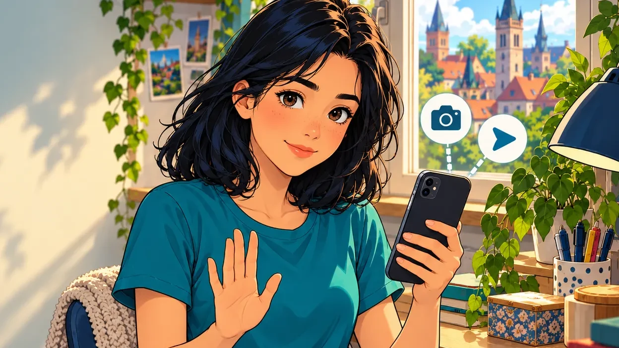 Dívka s mobilem v ruce zvedá dlaň na znamení stop, vedle ikona fotoaparátu.