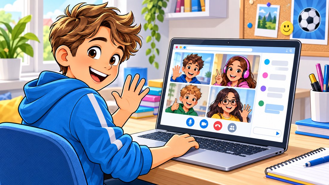 Chlapec u notebooku mává na kamarády ve videohovoru